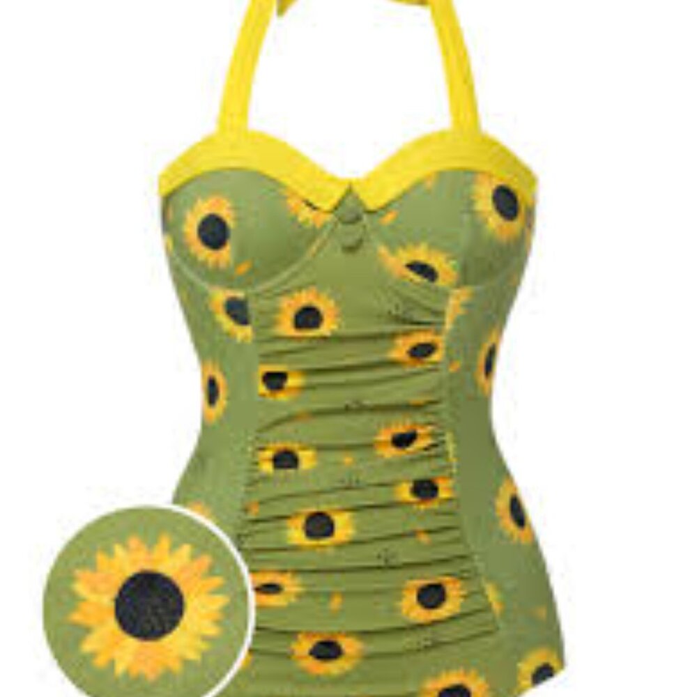 Sunflower Halter One-Piece Swimsuit - Green & Yellow